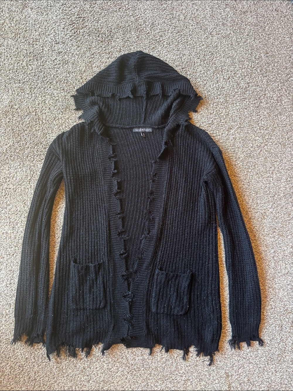 Derek Heart Black Hooded Distressed Open Cardigan